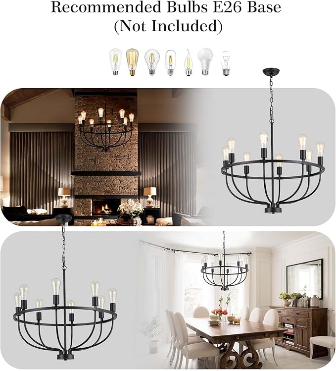 AMZASA 8 Lights Black Industrial Candle Chandelier Light Fixture for Dining Room Bedroom Living Room Kitchen Foyer UL Listed