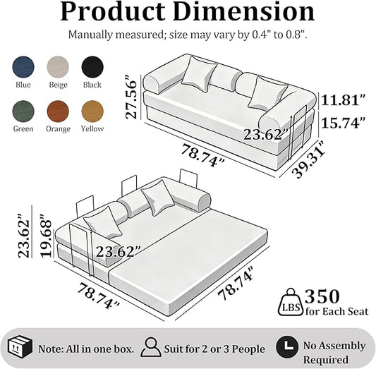 79'' Convertible Compressed Corduroy Folding Cloud Sofa Bed, 5 in 1 Modern Modular Boneless Pull Out Loveseat Sleeper in a Box, No Assembly Foldable Floor Futon Couch for Home, Yellow, Pillows, King