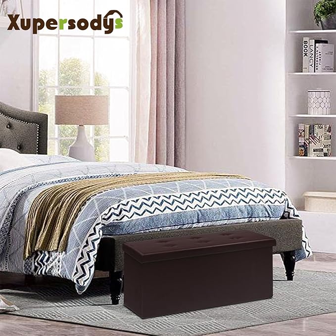 30 Inches Folding Storage Ottoman Bench, Faux Leather Footstool Ottoman, Storage Trunk Footrest for Bedroom, Living Room and Hallway, Support 350lbs, Brown(Brown line)