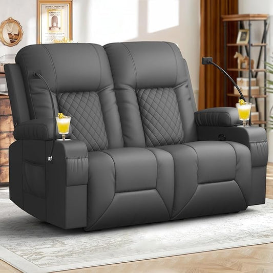 FURNIMAT 2026 Fabric Loveseat Recliner Sofa, 2 Seater Reclining Loveseat Sofa, RV Loveseat Couch, Modern Recliner Chair for Living Room, with Cup Holder and 2 Cell Phone Holders, USB Ports, Gray