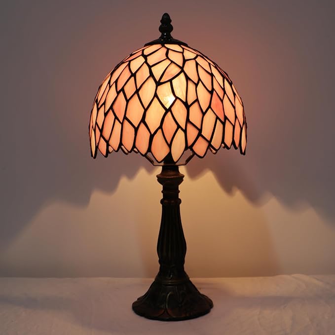 Small Tiffany Lamp Mini Accent Table Lamp Stained Glass Desk Memory Lamp Sympathy 8X14.5 Inch (Pink Wisteria)