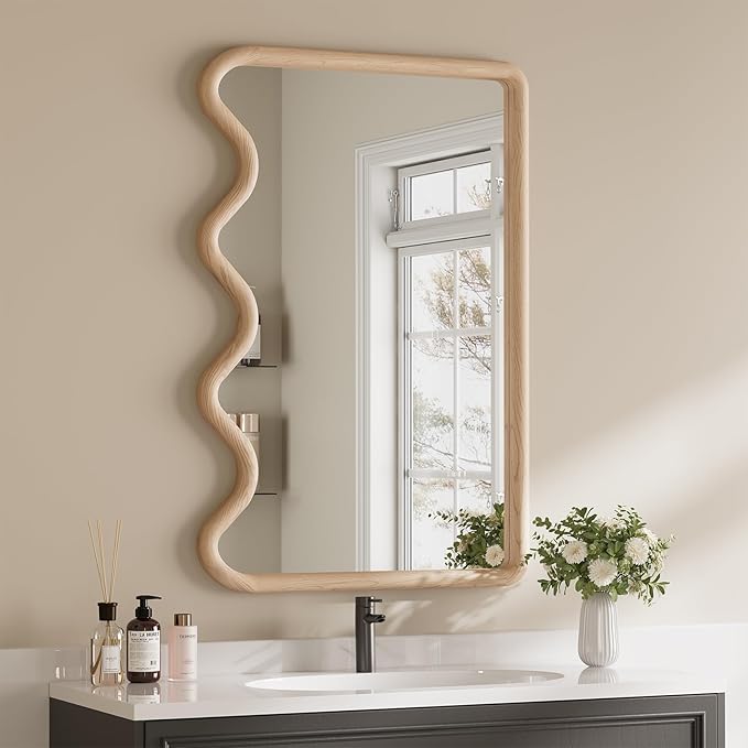 ULIKE Wavy Mirror for Wall, Rustic Wood Mirror for Bathroom Vanity, 24x36 Wooden Wall Mirrors Decorative for Bedroom, Living Room, Entryway, Natural