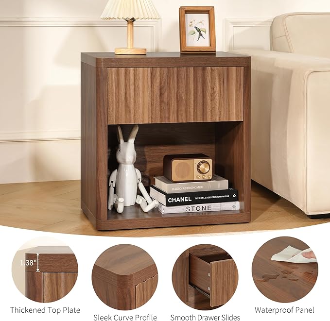 Night Stand Fluted Nightstand with Drawers, Wood Bedside Table with Storage Shelf, Bed Side Table for Bedroom, End Tables Living Room, Mid Century Nightstands Night Stands, Sofa Side Tables