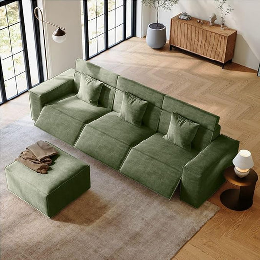 115" Power Sofa,Modular Sectional Couches for Living Room,Modern Large Sofa with Recliners,Comfy Velvet Cloud Couch with Deep Seat with 1 Ottoman,Pet Friendly,Free Combination for Home(Green)