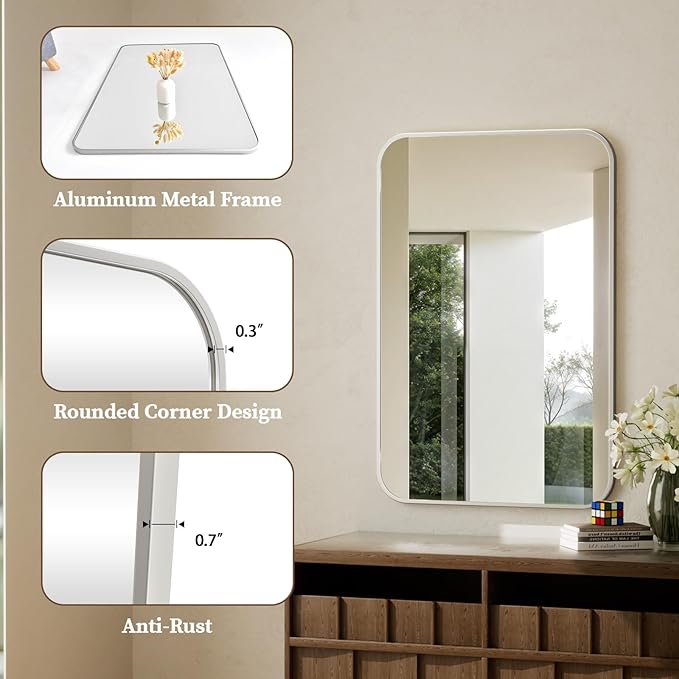 BEAUTYPEAK 26" x 38" Silver Aluminum Alloy Frame Rectangle Vanity Mirror, Wall Mounted Bathroom Mirror with Rounded Corners for Farmhouse, Restroom, Entryway, Horizontal or Vertical Hanging