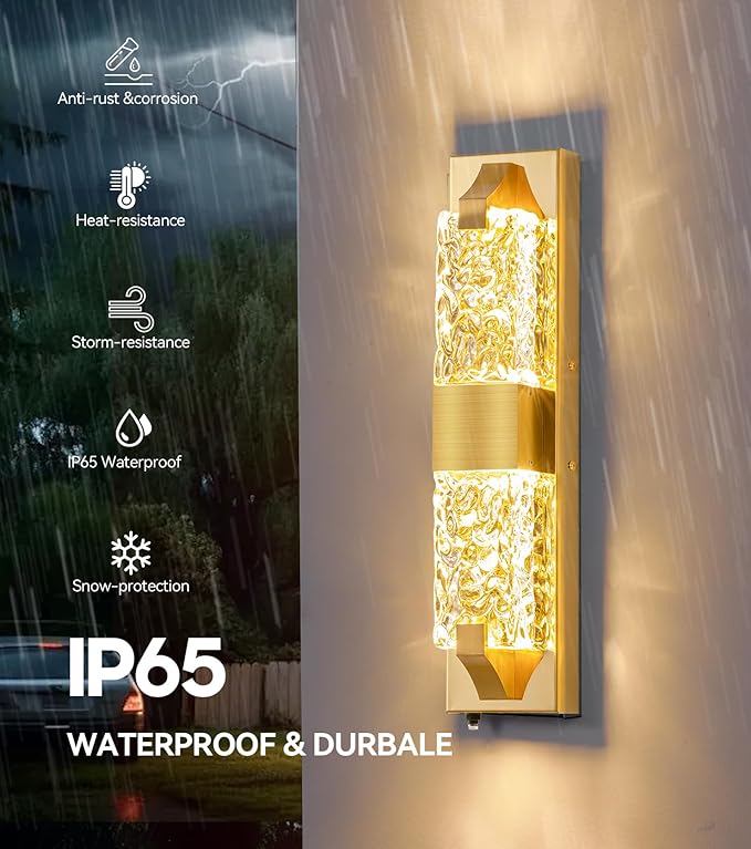 Dusk to Dawn Outdoor Lighting 2Pcs 18.8" Modern Ripple Crystal Porch Lights Outdoor, Waterproof IP65 Hardwired Wall-Mounted Exterior Light for House Entryway, Patio, Doorway (Gold)