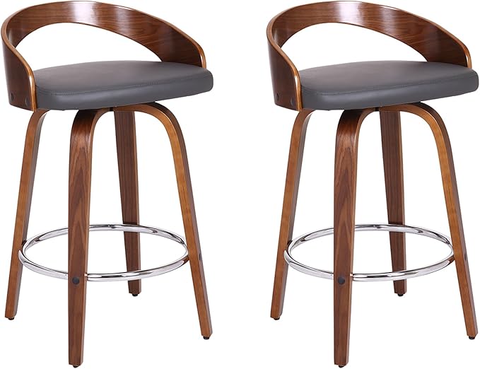 Armen Living Sonia 26" Counter Height Swivel Gray Faux Leather and Walnut Wood Bar Stool - Set of 2