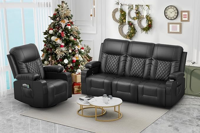 FURNIMAT Recliner Sofa Set with 3+1 Pieces in Living Room, 3 Seater Reclining Sofa, 1 Recliner Chair with 360 Degree Swivel Single Sofa Seat