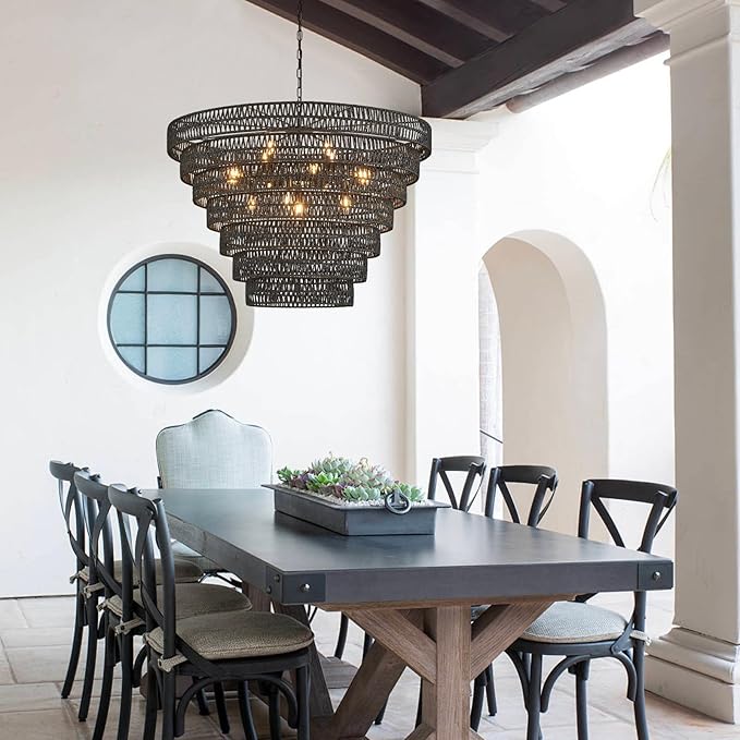 Hand-Woven Rattan Chandelier Vintage Farmhouse 15-Lights Boho Bamboo Large Chandeliers Light Fixture 7-Tier Drum Wicker Chandelier for Dining Room, Living Room, Kitchen, E12