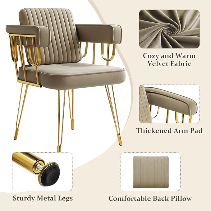 Set of 2 Desk Chair No Wheels Accent Makeup Vanity Chairs with Gold Back & Legs, Velvet Upholstered Armchair with Extra Pillow for Girls Bedroom Dressing Room Nail Salon Living Room, Greyish Brown