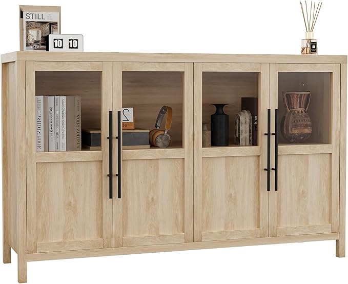 GarveeHome Sideboard Buffet Cabinet with 4 Glass Doors, 55 in Buffet Table Coffee Bar Wine Bar Display Cabinet for Kitchen Dining Room, Living Room (Glass with 4 Doors, Natrual)