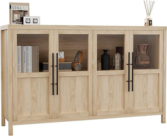 GarveeHome Sideboard Buffet Cabinet with 4 Glass Doors, 55 in Buffet Table Coffee Bar Wine Bar Display Cabinet for Kitchen Dining Room, Living Room (Glass with 4 Doors, Natrual)