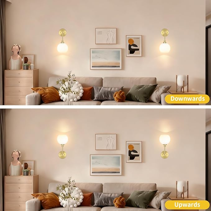 Battery Operated Wall Sconces Set of 2, Gold Rechargeable Wireless Wall Lights with Milky White Shade, 12 RGB and 3CCT Dimmable Wall Lamps with Remote for Bedroom Living Room Hallway