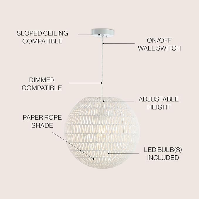 JONATHAN Y 15.7" White Modern Bohemian Woven LED Pendant Light, Adjustable Hanging Ceiling Lamp for Kitchen Island Dining Room, Paper Wicker Shade, Bulb Included JYL6503A
