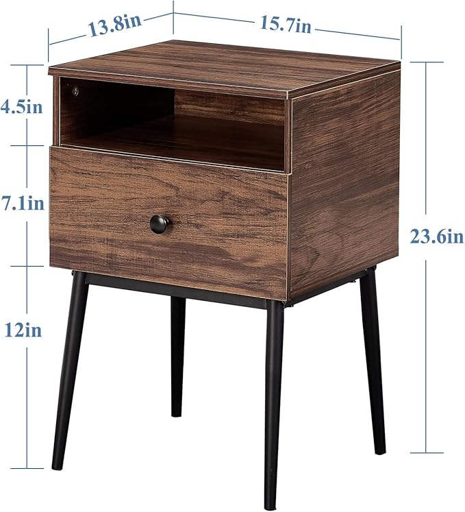 VECELO Night Stand for Bedroom Set of 2,Modern Solid Wood Nightstand with Storage Shelf and Drawer, Bedside Table End Table for Living Room,Bedroom,Entryway,Easy Assembly,Brown