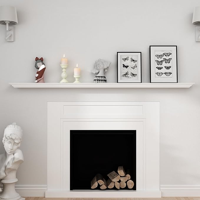 WELLAND 72-Inch Fireplace Mantel Shelf Wall Mounted,White Corona Crown Molding Ledge Floating Shelf, Pinewood