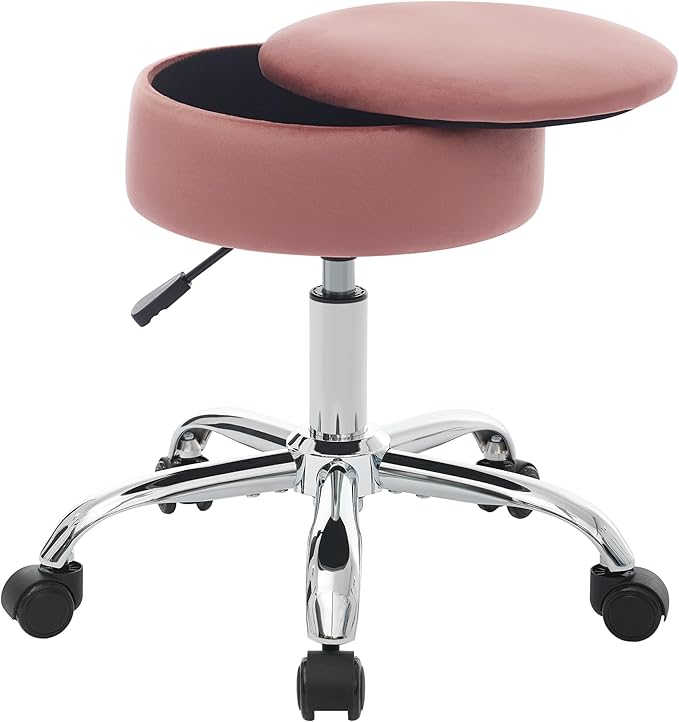Adjustable Vanity Stool with Storage Rolling Vanity Chair with Wheels Swivel Vanity Stool Chair for Vanity Makeup Stool Pink