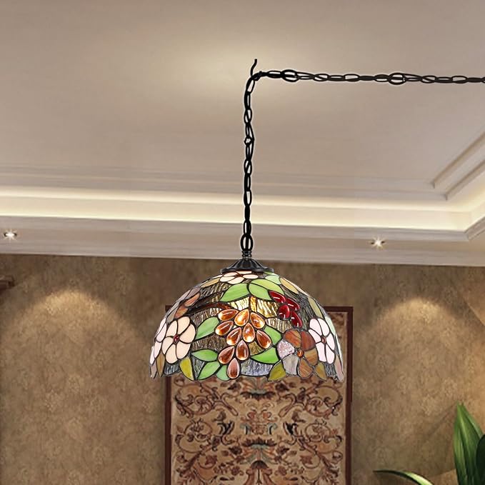 Tiffany Pendant Light Plug in 12 Inch Green Purple Grape Stained Glass Hanging Lamp with Chain 33 Inch, Cord 15 Feet