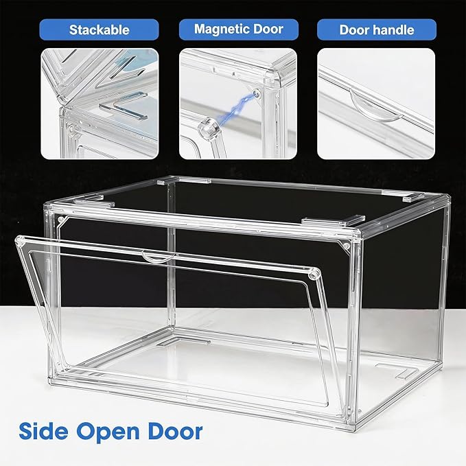 HIYOHIYO 2-Pack Acrylic Clear Stackable Shoe Boxes - 360 Clear Acrylic Display Shoes Boxes - Fully Transparent Display Box with Magnetic Door - Size 14