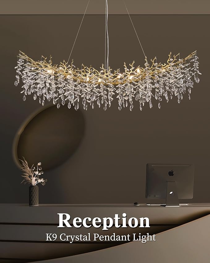 Modern Crystal Chandelier for Dining Room, 16-Light 55.12" Gold Tree Branch Chandeliers, Luxury K9 Crystal Rectangular Chandeliers for Kitchen Island Living Room