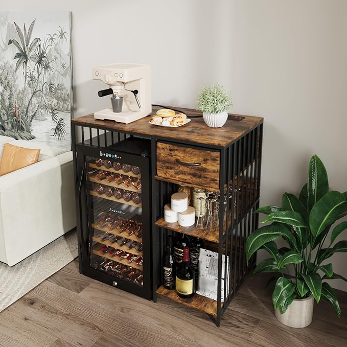 VOWNER Mini Fridge Cabinet with Power Outlet, 3-Tier Industrial Style Kitchen Microwave Stand Baker Rack with Drawer, Utility Storage Shelf for Home Kitchen Dorm Office, Vintage Wood, 35" Lx22 Wx37 H