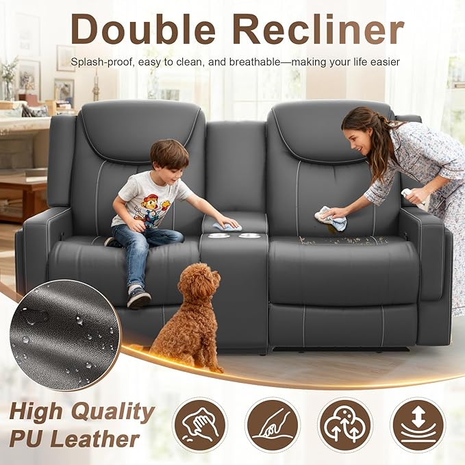 Dresegmt Loveseat Recliner Sofa, Gray PU Leather Double Recliner Loveseat with Console, Cup Holders, Storage & USB Ports, Ergonomics， Manual Reclining Sofa Couch for Living Room, RV