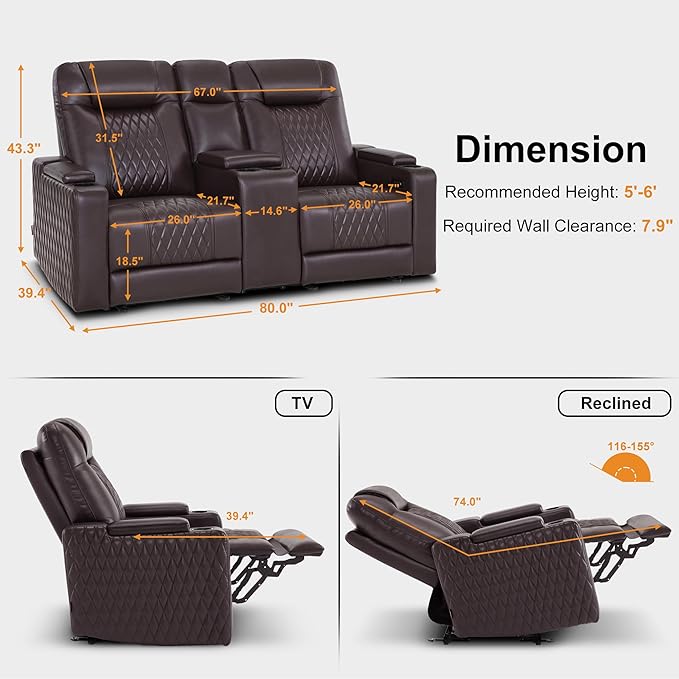 MCombo 80" Zero Gravity Oversized Power Reclining Loveseat with Adjustable Headrest for Living Room, Double Recliner Sofa with USB & Type C, Armrest Storage & LED Light HTS401SET