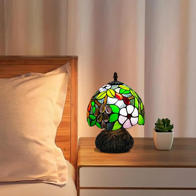 JHuiLap Small Tiffany Stained Glass Lamp, 3 Color Temperatures Bedside Lamp, 8 Inch Mushroom Desk Light for Bedroom Living Room Office Home Decor (Grape Pattern)