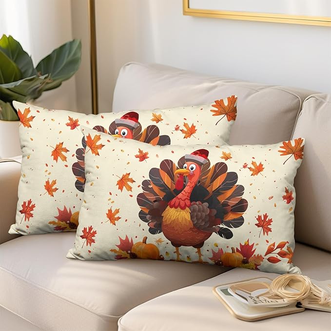 Thanksgiving Pillow Covers 12x20 Set of 2 Turkey Maple Leaves Pumpkin Lumbar Pillow Case Seasonal Fall Harvest Farmhouse Cushion Case for Outdoor Couch Patio