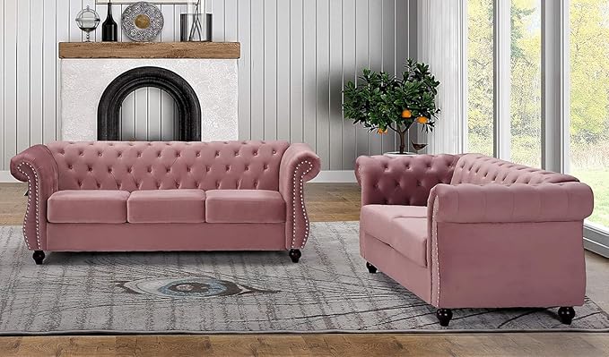 Container Furniture Direct Feinstein Modern Velvet Chesterfield Couches for Living Room with Nailheads, Diamond Tufting & Durable Metal Frame, Loveseat, Rose