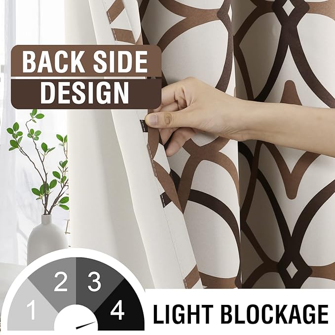 H.VERSAILTEX Blackout Curtains Printed Design 63 Inch Length 2 Panels Set Thermal Insulated Curtains for Bedroom Living Room Geometric Modern Grommet Window Drapes - Taupe and Brown