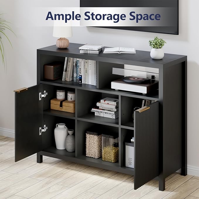 Sideboard Buffet Storage Cabinet, Modern Wood Sideboard with 2 Fluted Doors, Coffee Bar Buffet Table with 4 Large Open Shelf, Accent Storage Cabinet for Living Room Entryway, Black