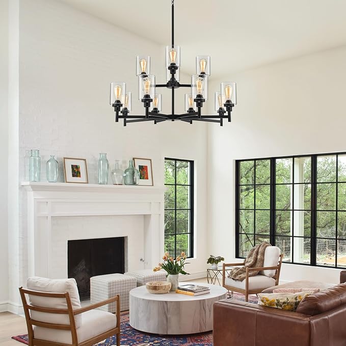 Black Chandelier for Living Room Light Fixture, Large Farmhouse Chandeliers with Clear Glass Shade, Industrial 2-Tier 12 Lights Hanging Lighting for Dining Room Restaurant Villa
