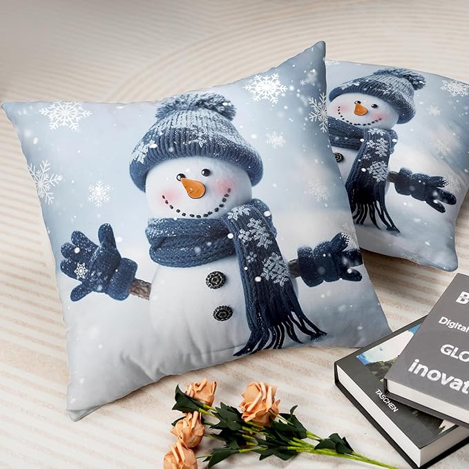 Winter Snowman Pillow Covers 18x18 Set of 2 Winter Decorating Throw Pillows Cover Snowflake Decorative Christmas Pillows Cases Double Sided for Living Room Couch Home Decor