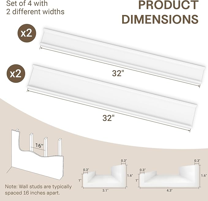 Fun Memories Picture Ledge Shelf - 32 Inches Floating Shelves Set of 4 - Floating Shelves with Lip for Storage - Wood Bookshelf Wall Mounted for Bedroom - Living Room - Kitchen - White Color