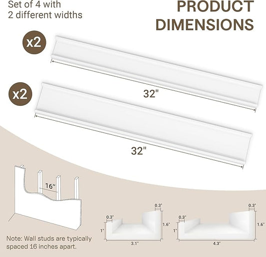 Fun Memories Picture Ledge Shelf - 32 Inches Floating Shelves Set of 4 - Floating Shelves with Lip for Storage - Wood Bookshelf Wall Mounted for Bedroom - Living Room - Kitchen - White Color