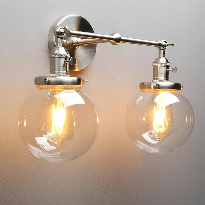 PERMO Double Sconce Vintage Industrial Antique 2-Lights Wall Sconces with Dual Mini 5.9" Round Clear Glass Globe Shade (Brushed Nickel)
