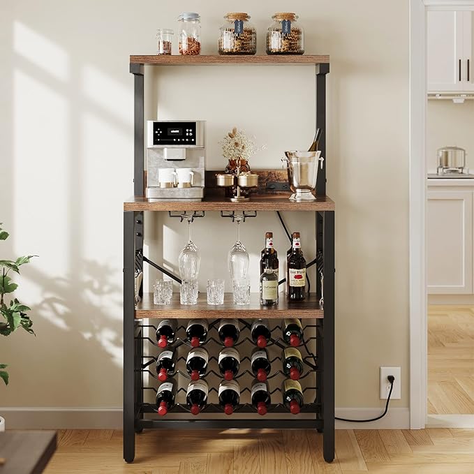 YITAHOME Kitchen Microwave Bakers Stand with Wine Rack, Wine Rack Freestanding Floor Small Storage Shelves for Liquor Bottle Glasses Power Outlet Farmhouse Coffee Bar 31 Inch, Rustic Brown