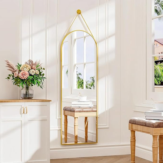 16"x48" Hanging Mirror with Leather Strap,Arched Full Length Mirror with Aluminum Frame Wall-Mounted Hanging Mirrors for Bathroom Vanity Living Room Bedroom Entryway Décor, Gold