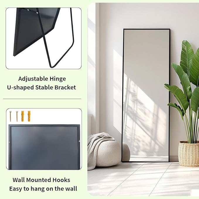 Full Length Mirror, Full Body Mirror with Aluminum Metal Frame, Standing Mirrors for Bedroom, Livingroom, Cloakroom, Hallway, Home Décor. (56x16 inch, Black)
