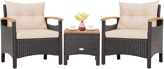 Tangkula 3-Piece Patio Furniture Set, Patiojoy Outdoor Rattan Sofa Set with Coffee Table, Patio Conversation Set with Removable Cushion, Cozy Acacia Wood Armrests for Backyard, Poolside (Beige)