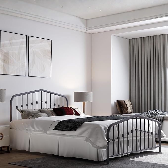 Washington Queen Metal Bed Frame with Headboard and Footboard Platform/Wrought Iron/Heavy Duty/Metal Slat/Grey Silver/No Box Spring Needed
