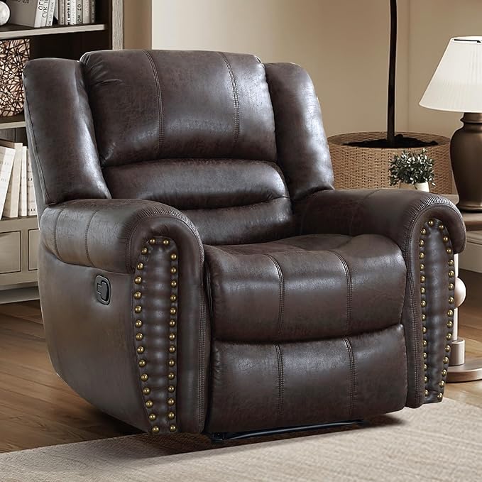 EBELLO Faux Leather Manual Recliner Chair, Classic Single Reclining Chair with Comfortable Armrest and Backrest, Vintage Rivet Mid-Century Design for Living Room, Bedroom, Dark Brown
