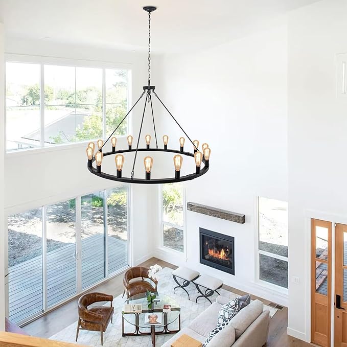 16-Light 48" Large Wagon Wheel Chandelier,Farmhouse Chandelier, Rustic Vintage Black Round Pendant Light Fixtures for Kitchen Island Dining Living Room Foyer Entryway
