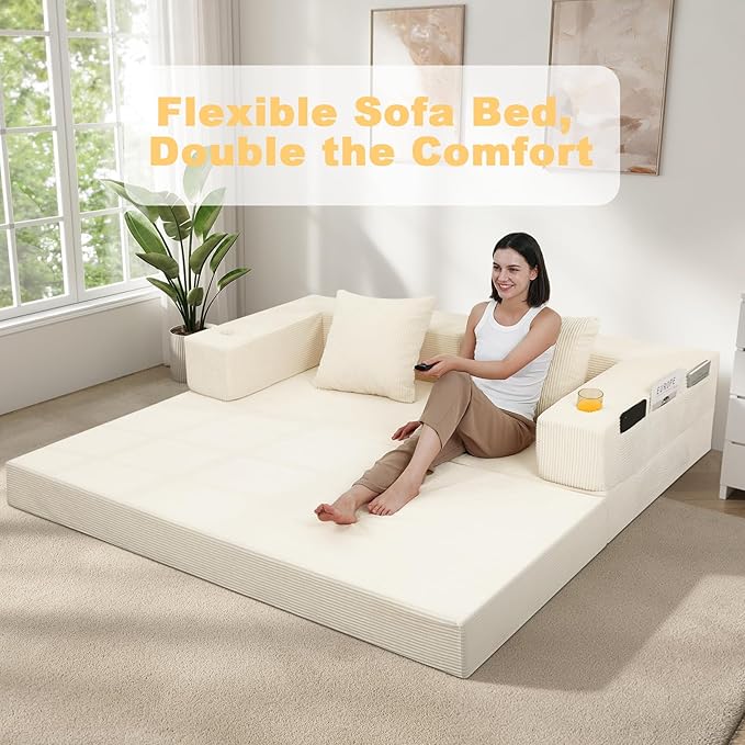 COMAX Boneless Couch, Futon Sofa Bed Couches Versatile Queen for Living Room, 79" 4 in 1 Convertible Sleeper Corduroy Couch Foam in a Box, Foldable Fold Out Floor Mattress No Assembly Required, Beige