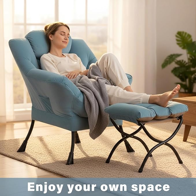 Cozy Lazy Chair and Ottoman, Large Contemporary Velvet Blue Accent Chair Set, Modern Leisure Upholstered Reading Armchair for Office, Bedroom, Living Room, Dorm Rooms, Balcony