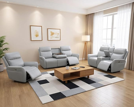 Power Recliner Sofa Set for Living Room, Breathing Leather Reclining Sofa with LED Lighting, Cup Holders, Storage Console&USB Port for Home Theater Seating (Light Grey)