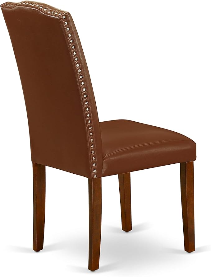 East West Furniture ENP3T66 Encinal Parsons Dining Chairs - Nailhead Trim Brown Faux Faux Leather Upholstered Chairs, Set of 2, Mahogany