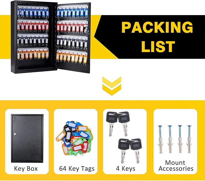 Furnishh Key Box Wall Mount 64 Position Metal Locking Key Cabinet Organizer with Key Tags Key Safe Security Storage Lockbox Holder for Valets, Hotels, Car and House Keys, Key Keeper Box - Black