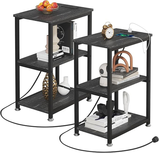 VECELO Tall End Table with Charging Station, Side Table with USB Ports and Outlets, 30" Height Nightstand with 3-Tier Storage Shelf for Living Room Bedroom Office Hallway Study